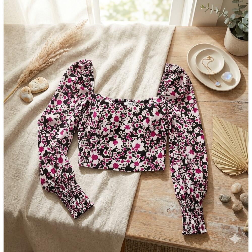 Bar III Floral Bustier Crop Top - NWT - Size M - Sweetheart Neck Puff Sleeve